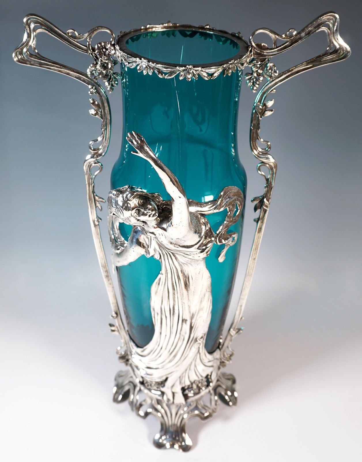 Large Art Nouveau Vase With Plasitc Figure & Original Glass, Wmf Germany Ca 1910 photo vinterior