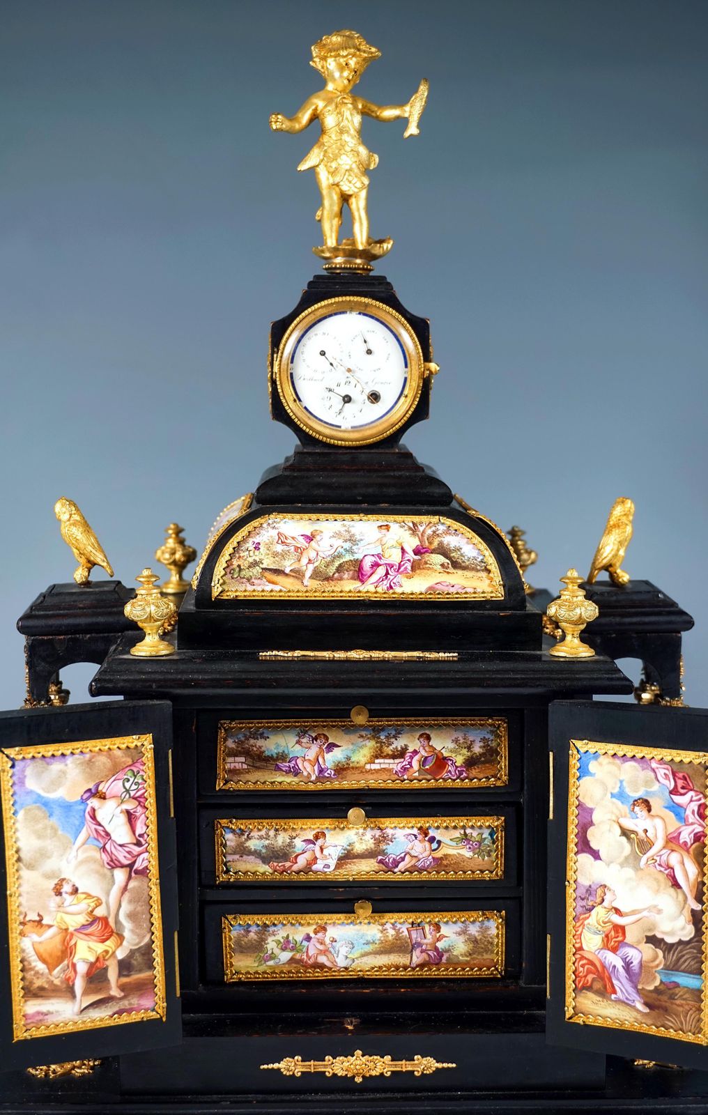 Noble Viennese Jewel Case With Enamel Paintings, Bronze Figures & Clock, Ca 1870 photo vintage