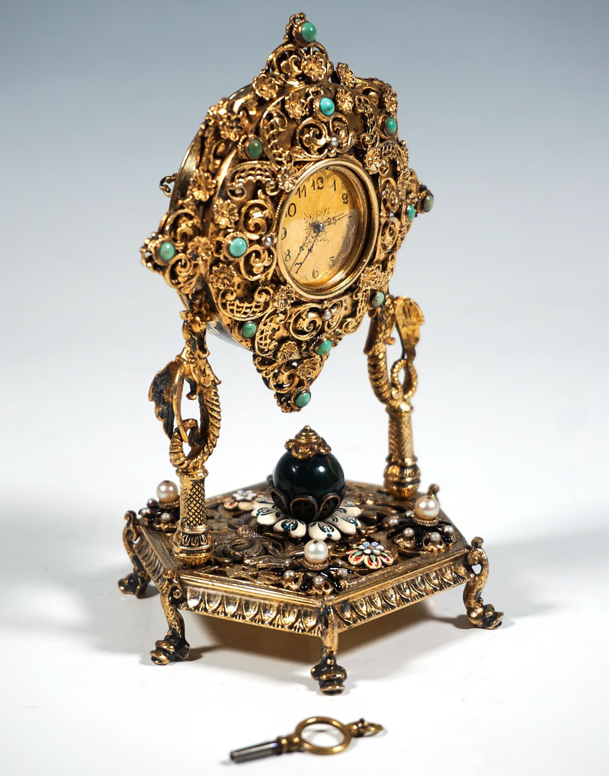 Viennese Silver Gilt Historicism Splendour Clock With Turquoises & Pearls, C1880 photo furniture
