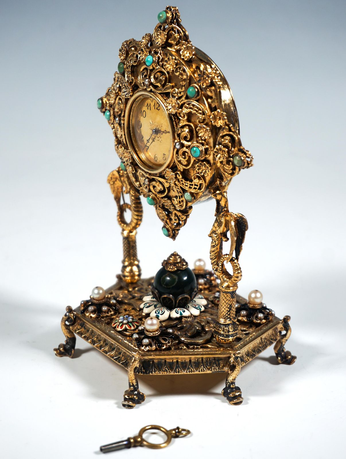 Viennese Silver Gilt Historicism Splendour Clock With Turquoises & Pearls, C1880 photo Home Decor