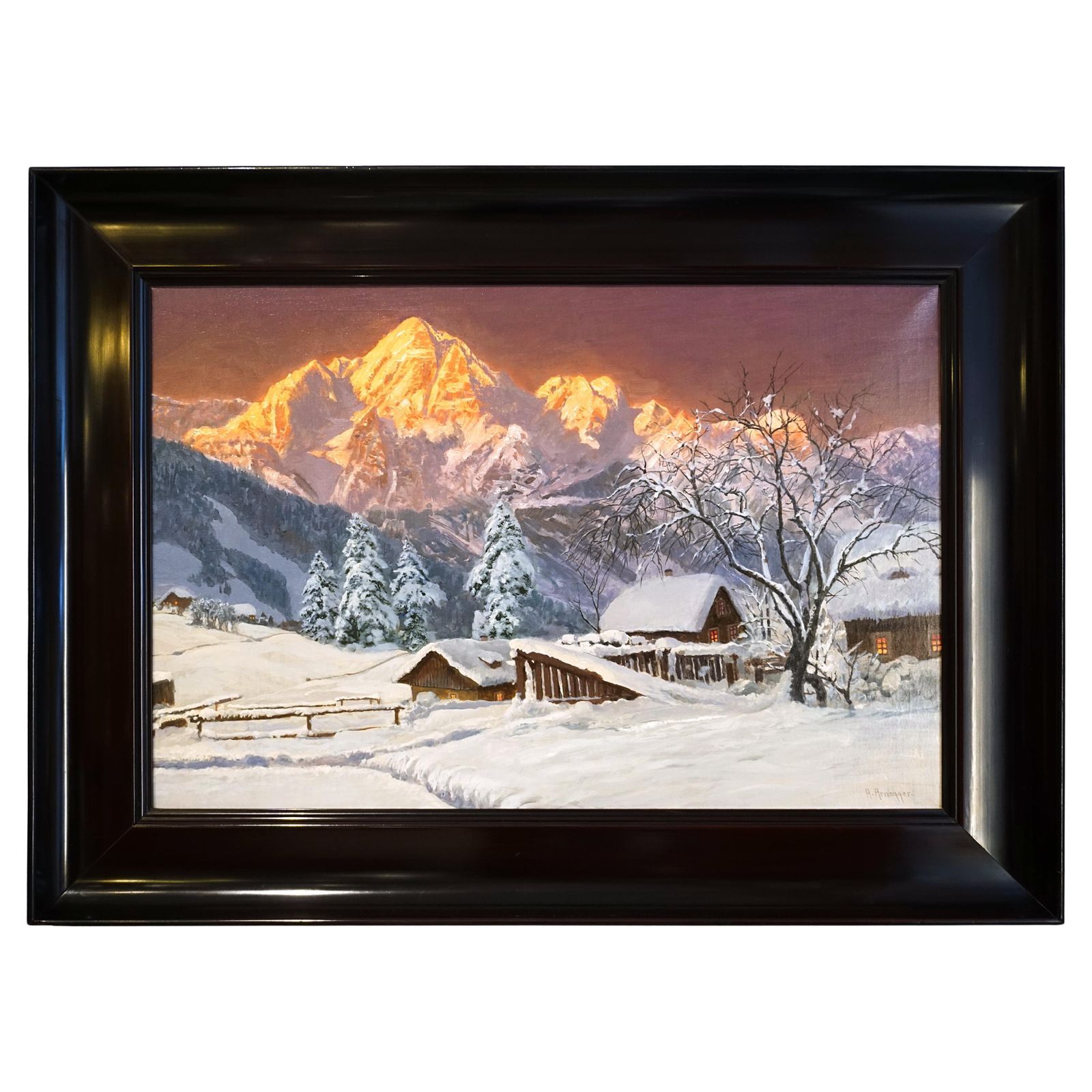 Large Oil Painting, Mountain Range At Dusk, By Alois Arnegger, Austria, Ca 1900