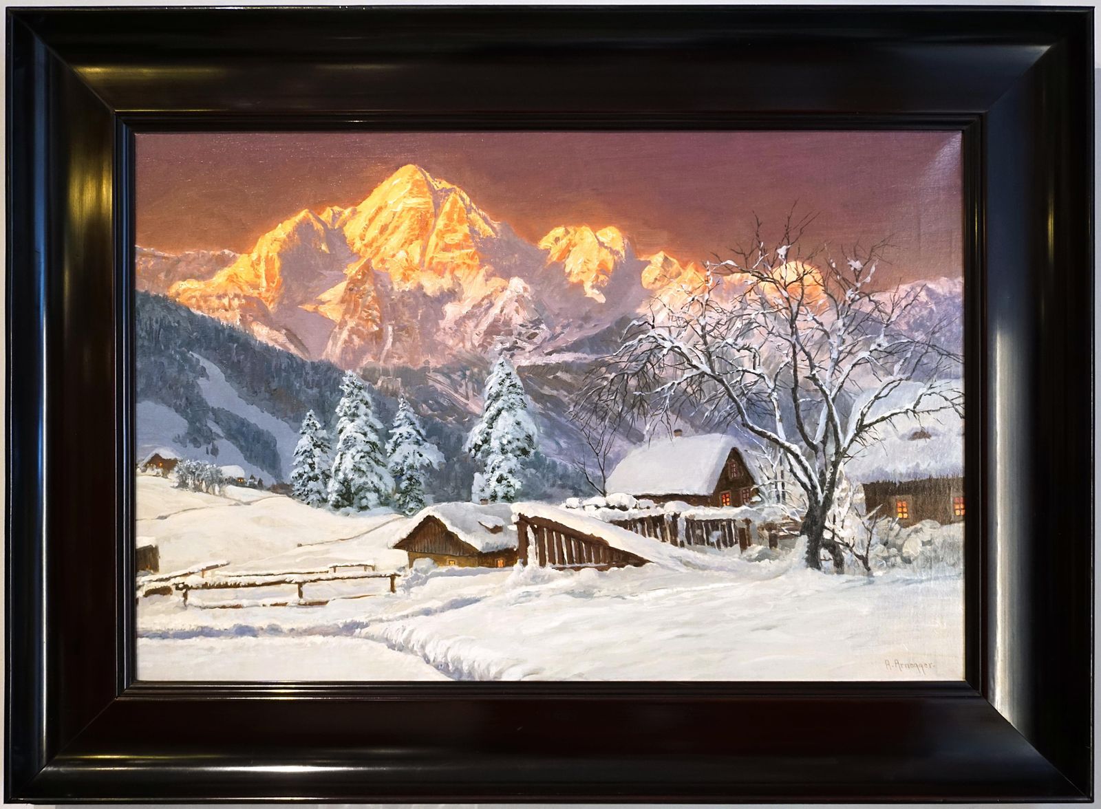 Large Oil Painting, Mountain Range At Dusk, By Alois Arnegger, Austria, Ca 1900 photo for sale