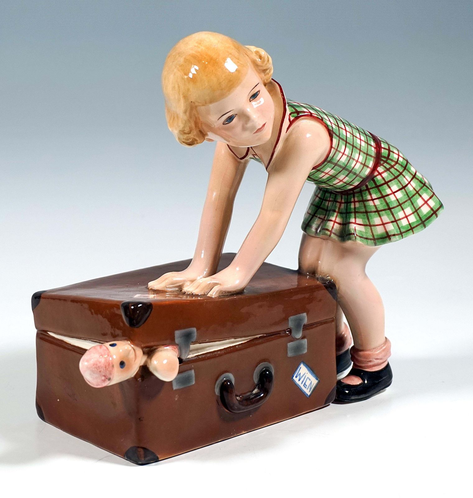 Goldscheider Vienna Figurine, Little Girl Closing A Suitcase, By Dakon, Ca. 1937 photo furniture