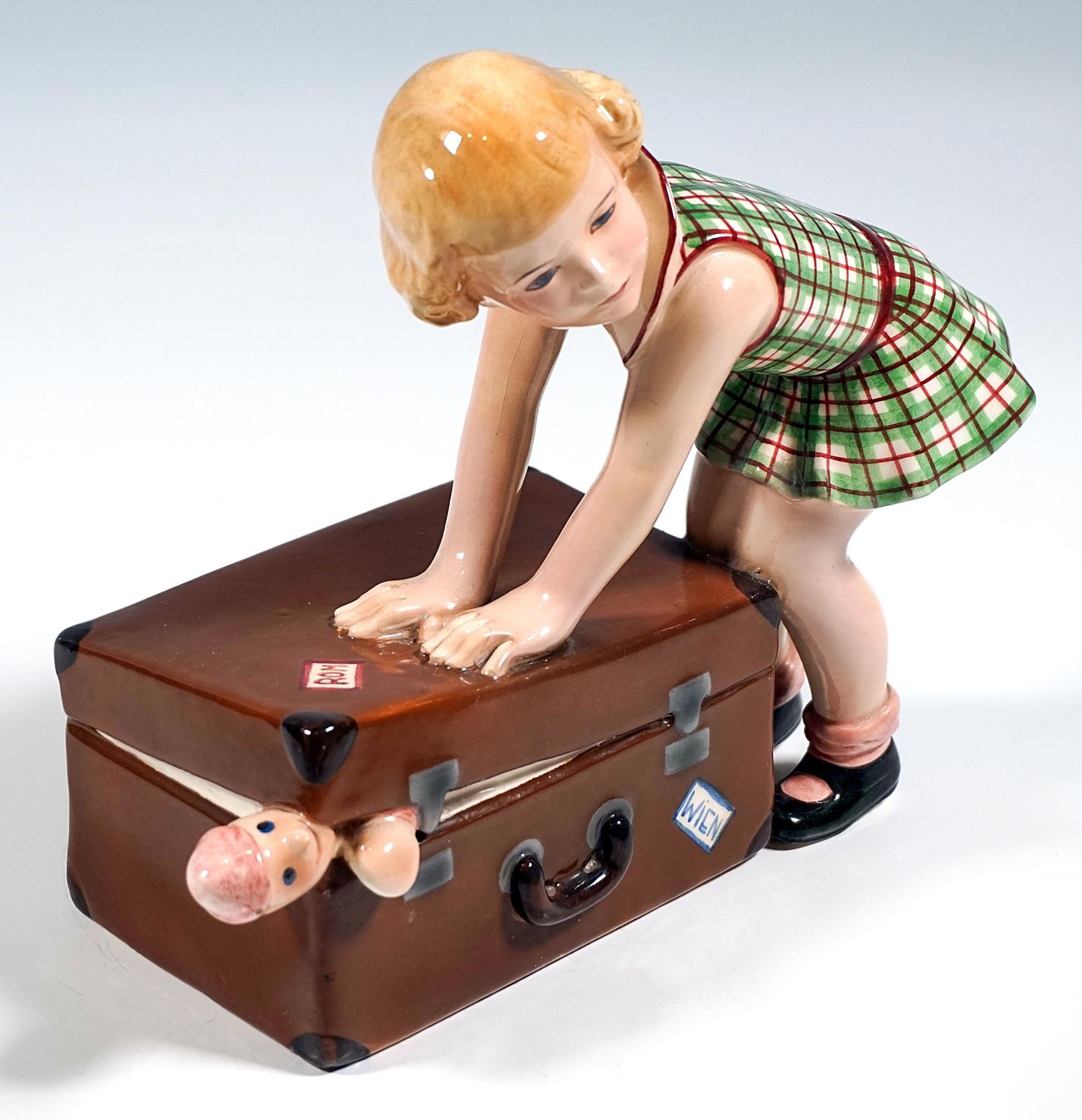 Goldscheider Vienna Figurine, Little Girl Closing A Suitcase, By Dakon, Ca. 1937 photo 4130.0