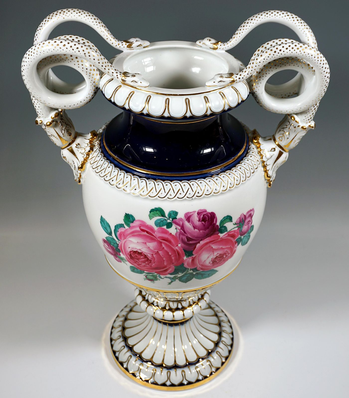 Meissen Snake Handle Vase With Flower Boquet Painting, By Leuteritz, Ca 1880 photo Home Decor
