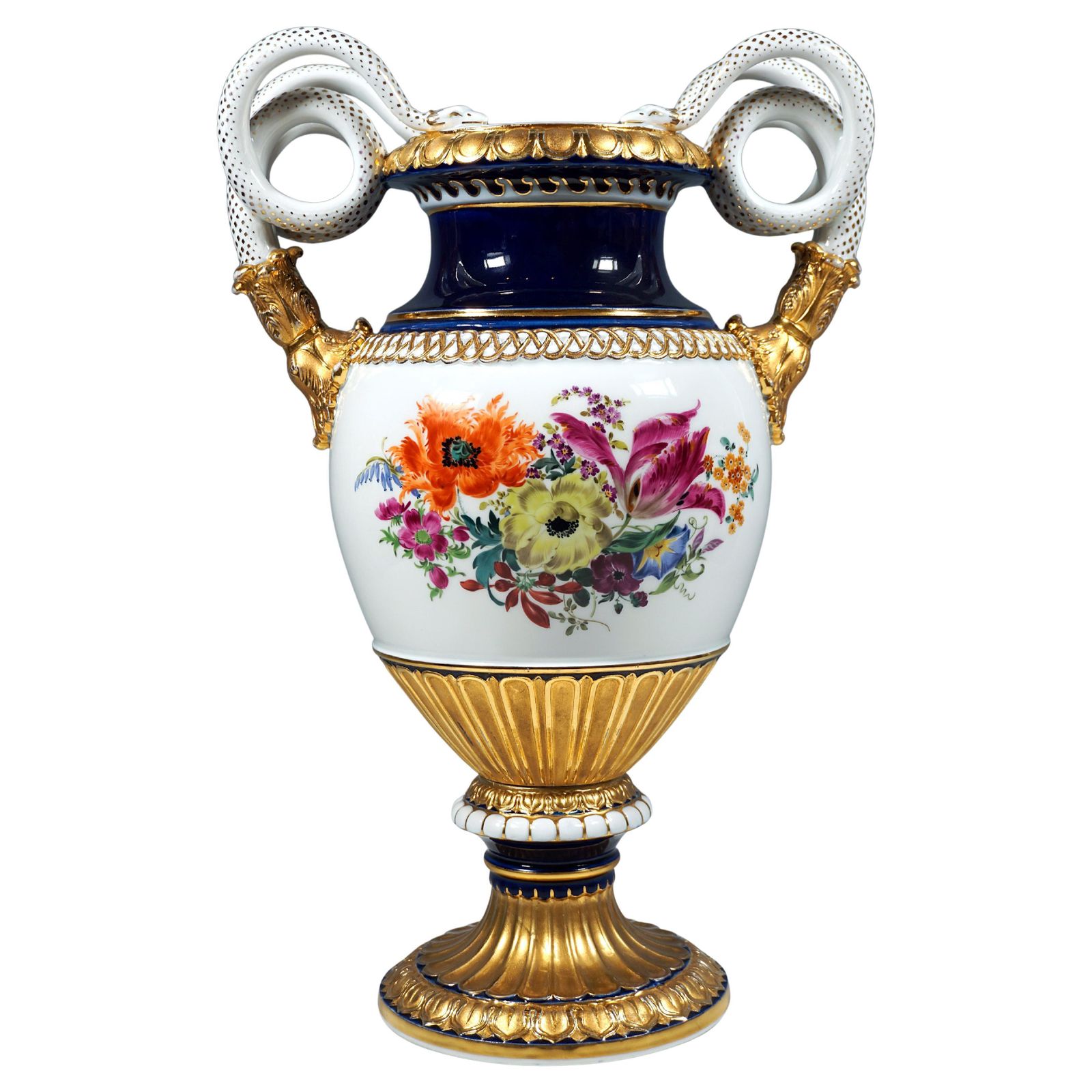 Meissen Snake Handle Vase With Flower Painting And Gilding, By Leuteritz, 20th