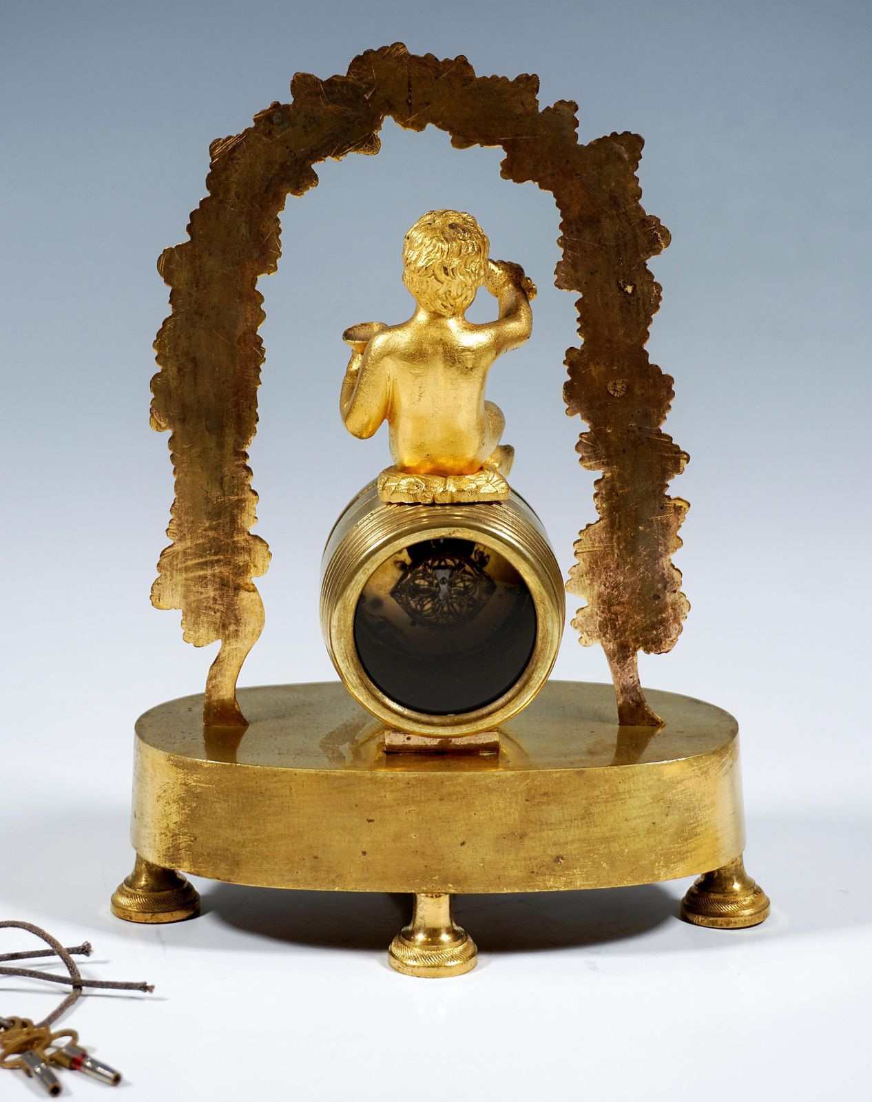 French Ormolu Table Clock, Bacchant Sitting On Wine Barrel, Paris, Around 1840 photo vinterior