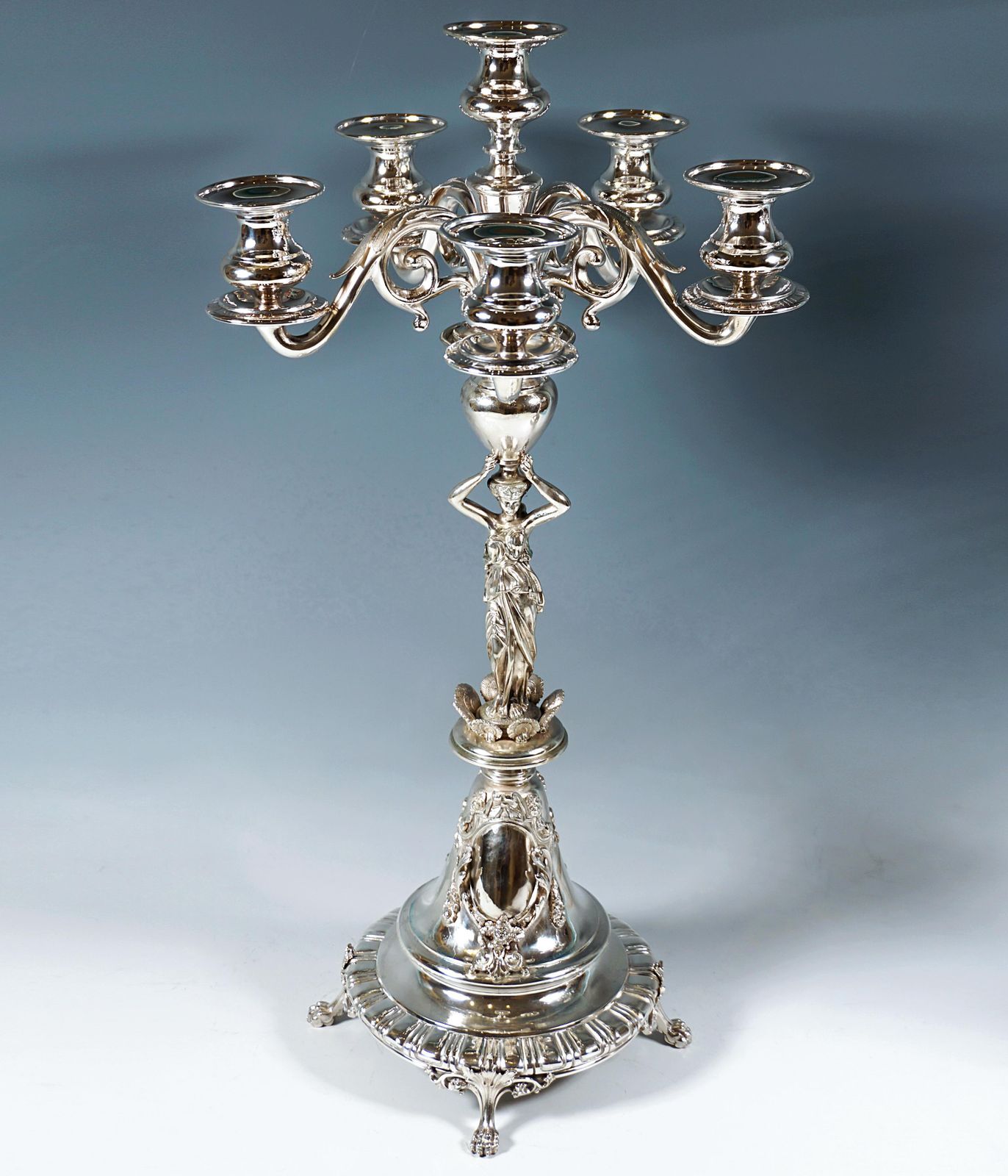 Pair Of 6 Flame Art Nouveau Silver Candelabra With Caryatids, Vienna, Ca 1890 photo Home Decor