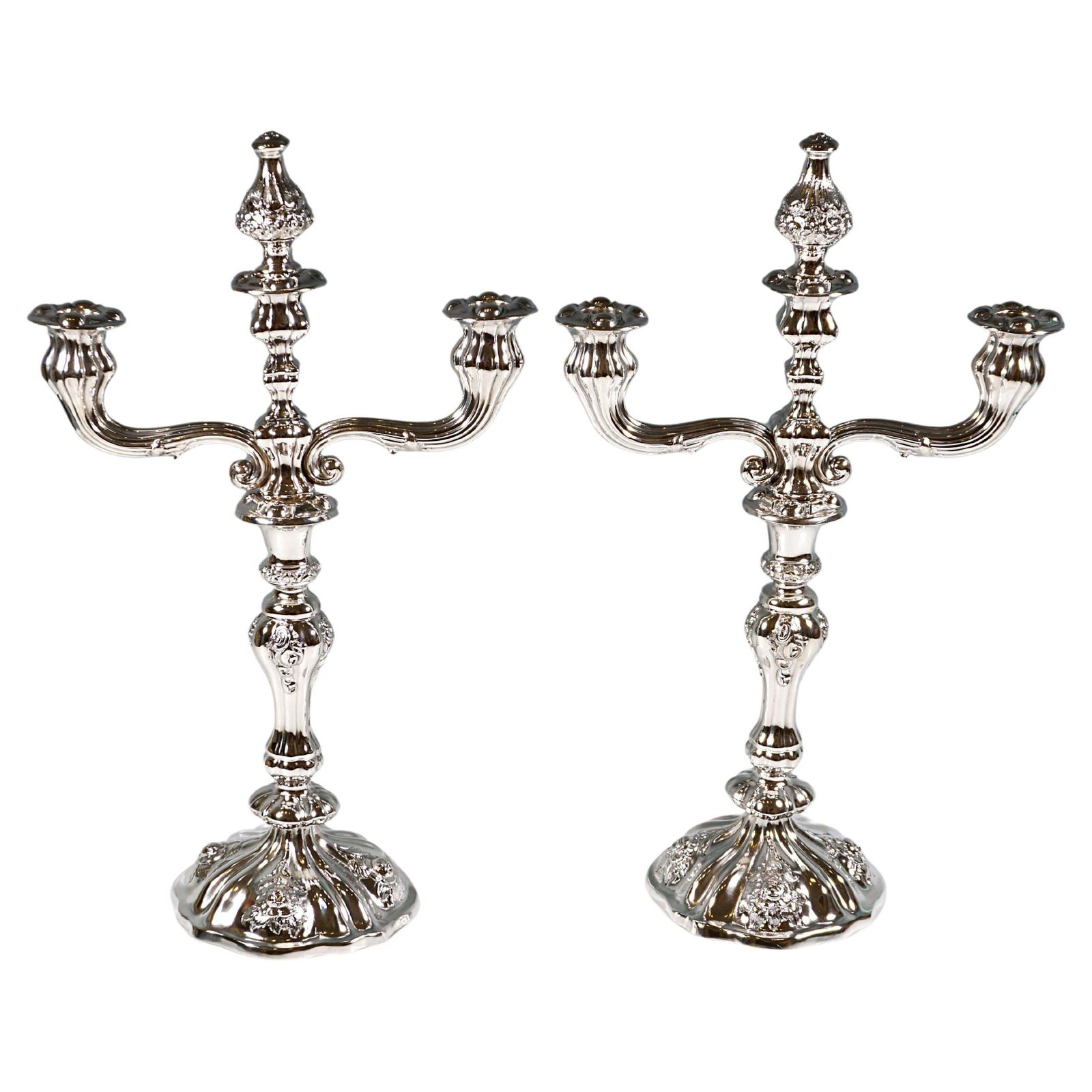 Pair Of Antique Vienna 3 Flame Biedermeier Silver Candle Holders, Dated 1857
