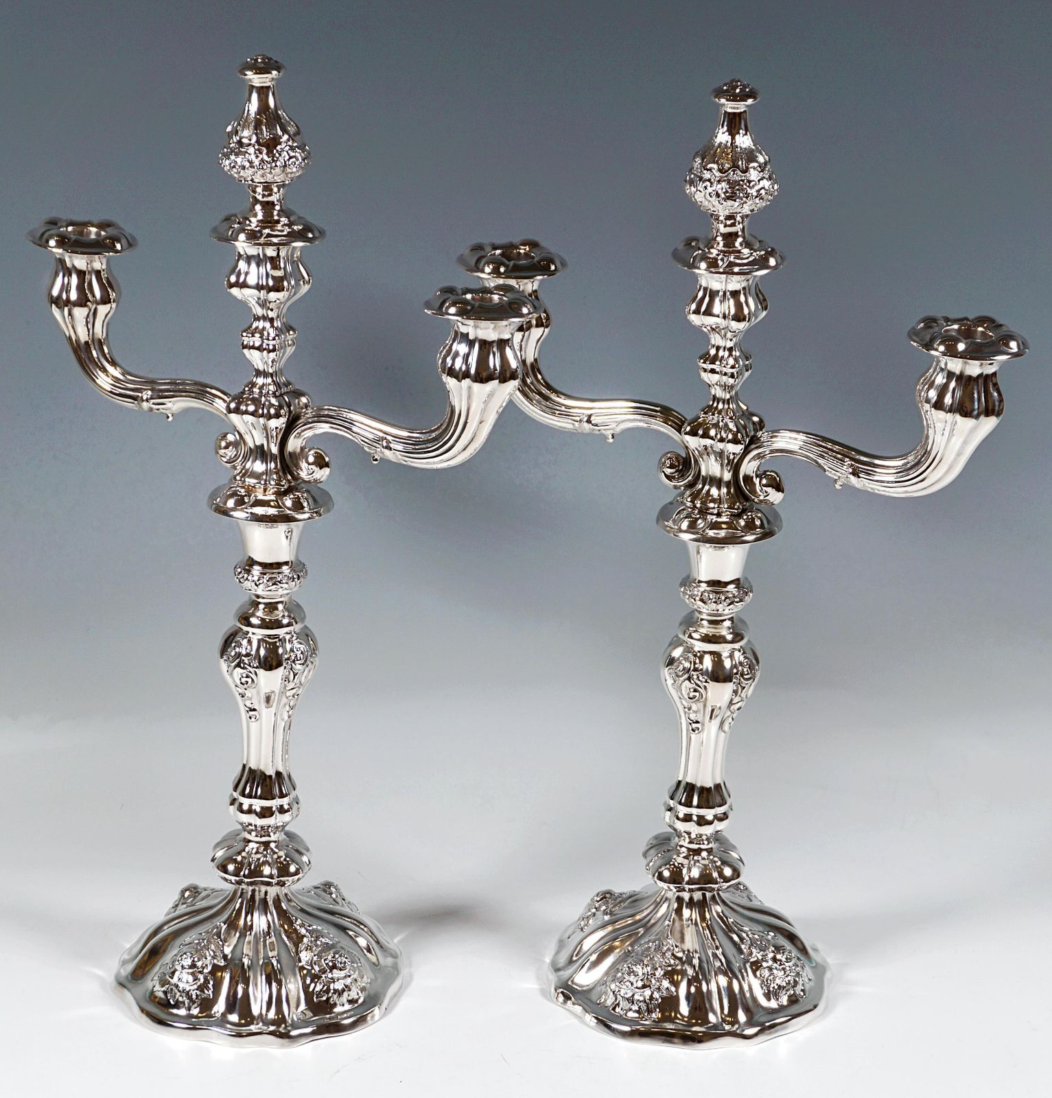 Pair Of Antique Vienna 3 Flame Biedermeier Silver Candle Holders, Dated 1857 photo for sale