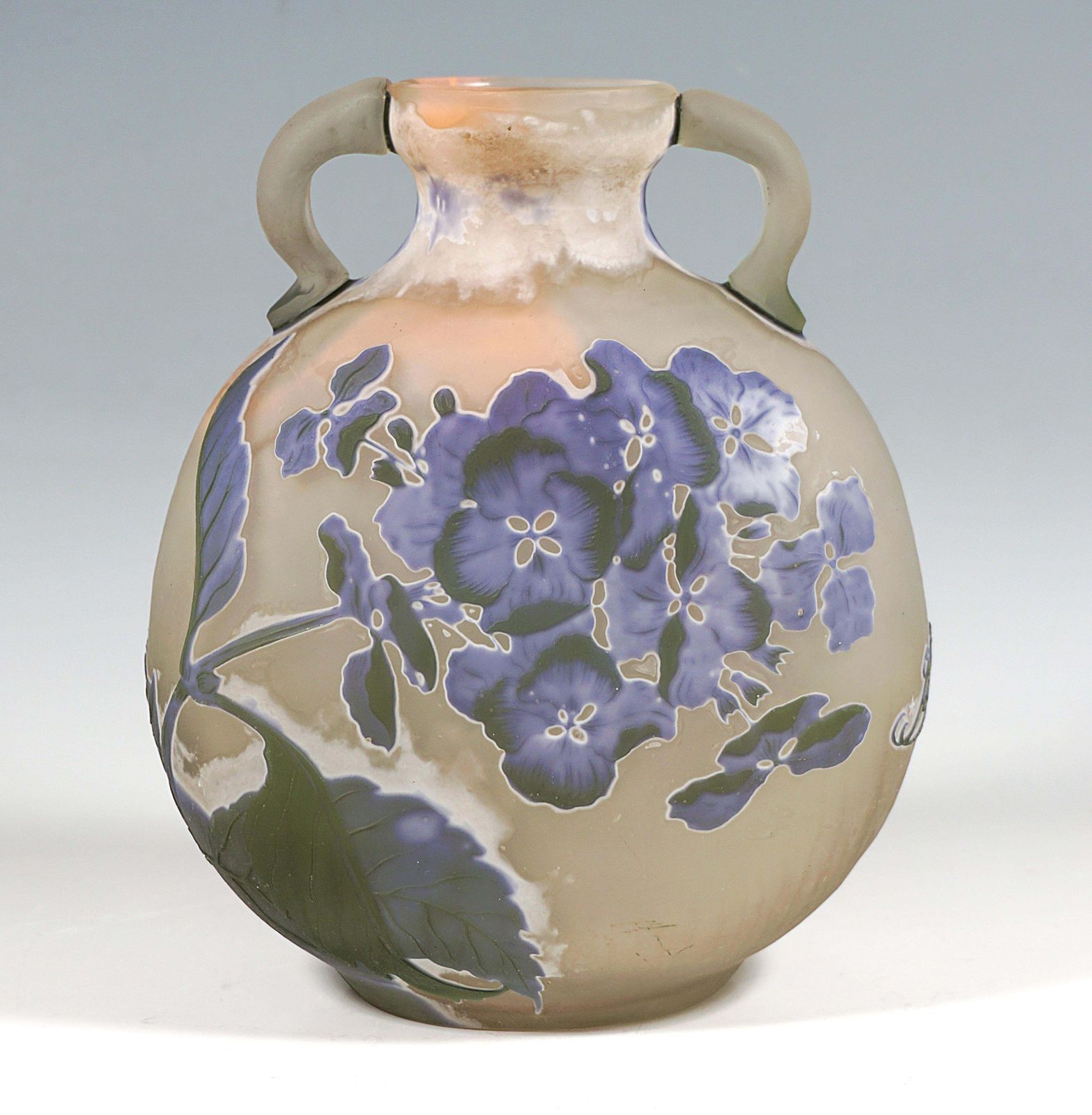 émile Gallé Round Art Nouveau Cameo Handle Vase With Hydrangea Decor France 1905 photo furniture
