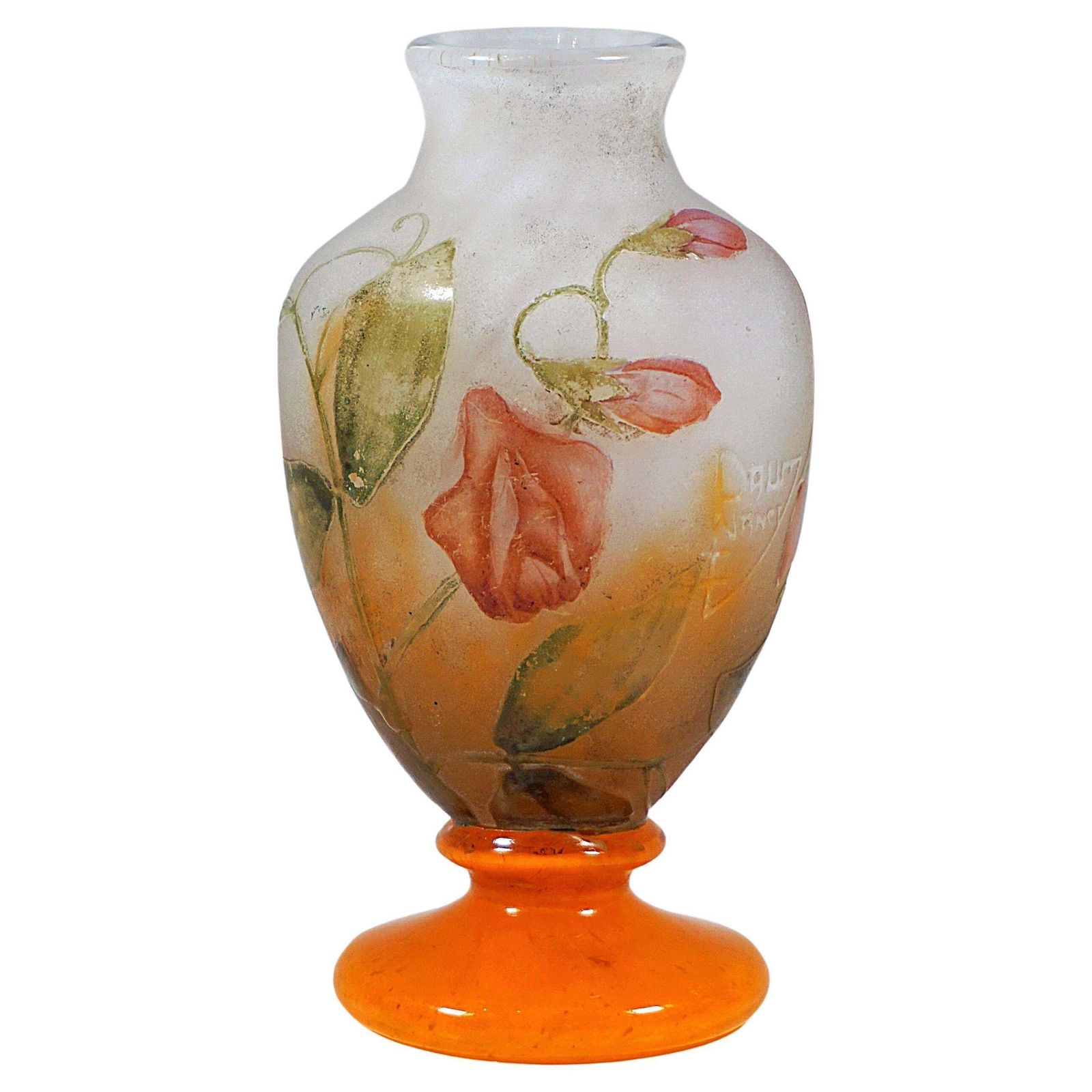 Daum Nancy Art Nouveau Cameo Vase Glass With Sweat Pea Decor, France, Ca 1910