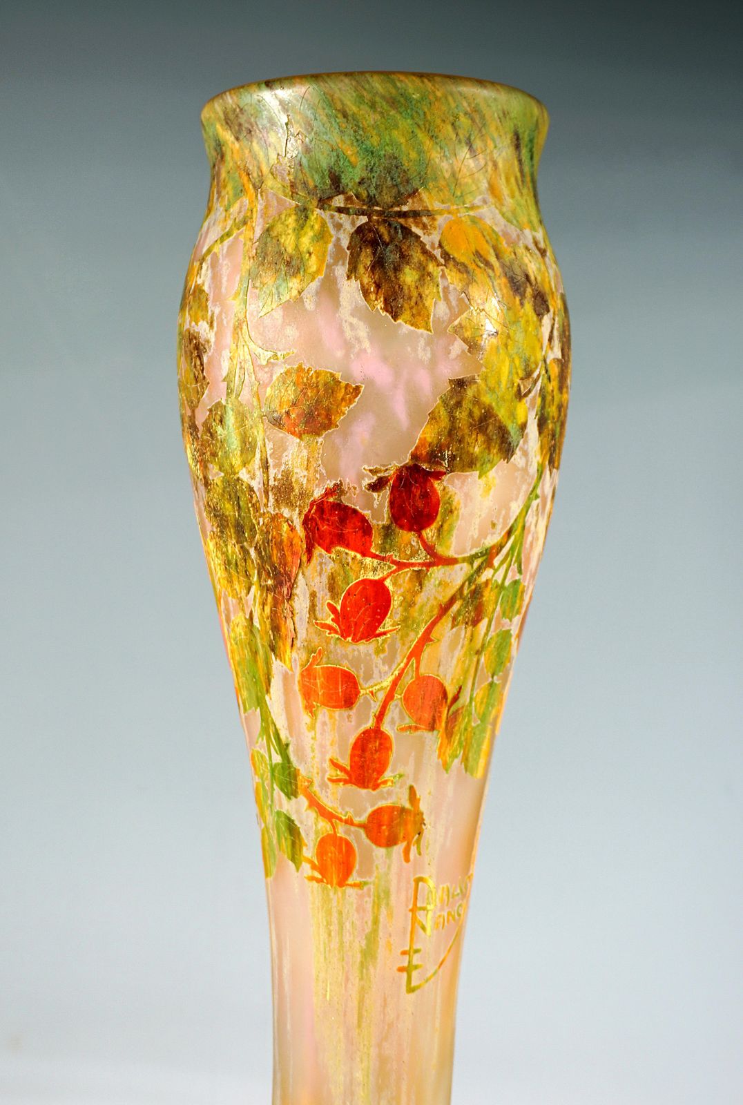 Large Art Nouveau Cameo Vase With Rosehip Decor, Daum Nancy, France, Circa 1910 photo vinterior