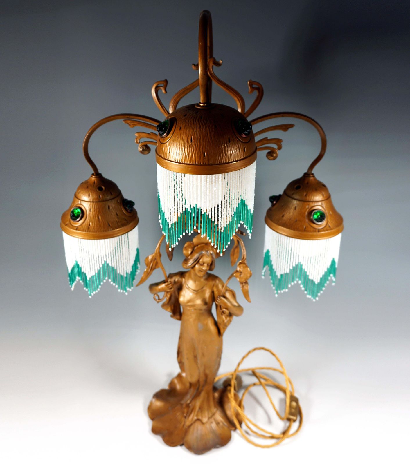 Tall Art Nouveau 3 Lights Table Lamp 'Flora', France, Around 1900 photo for sale