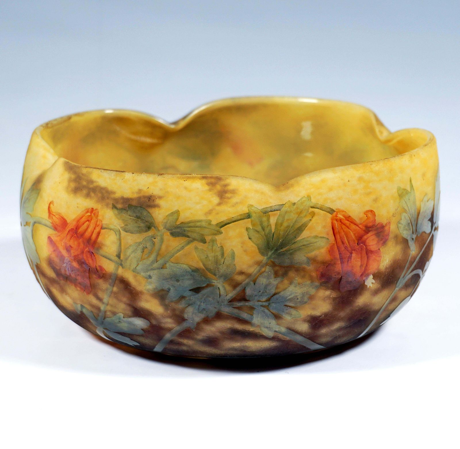 Large Art Nouveau Flower Bowl With Columbine Decor, Daum Nancy, France, Ca 1910 photo for sale