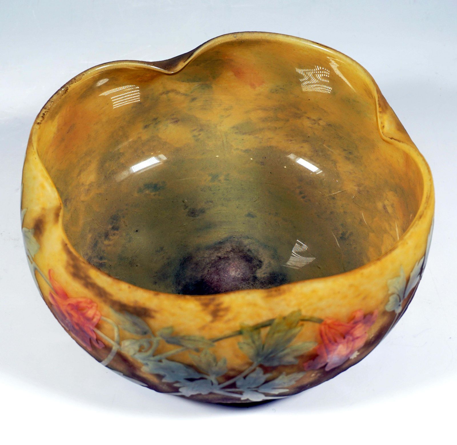 Large Art Nouveau Flower Bowl With Columbine Decor, Daum Nancy, France, Ca 1910 photo 3108.0
