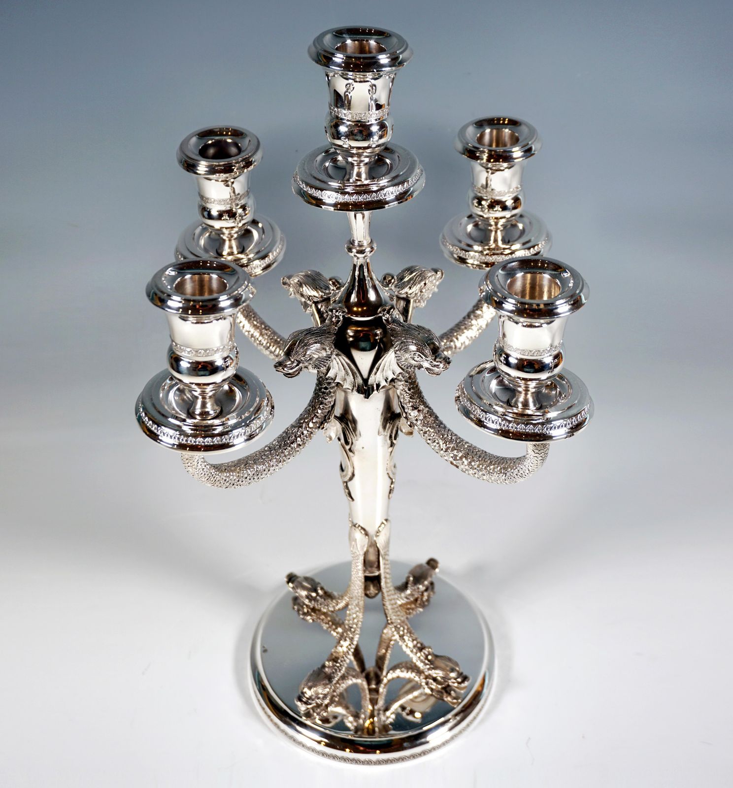 Pair Of 5 Flame Silver Candelabra With Dolphin Arms, Belgium Around 1950 photo Home Decor