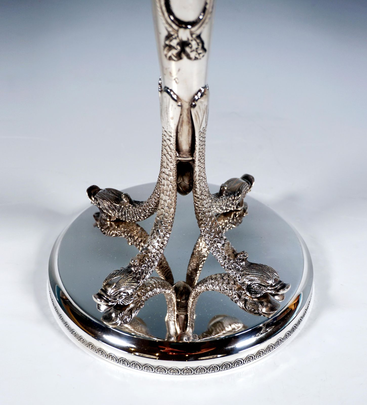 Pair Of 5 Flame Silver Candelabra With Dolphin Arms, Belgium Around 1950 photo vinterior