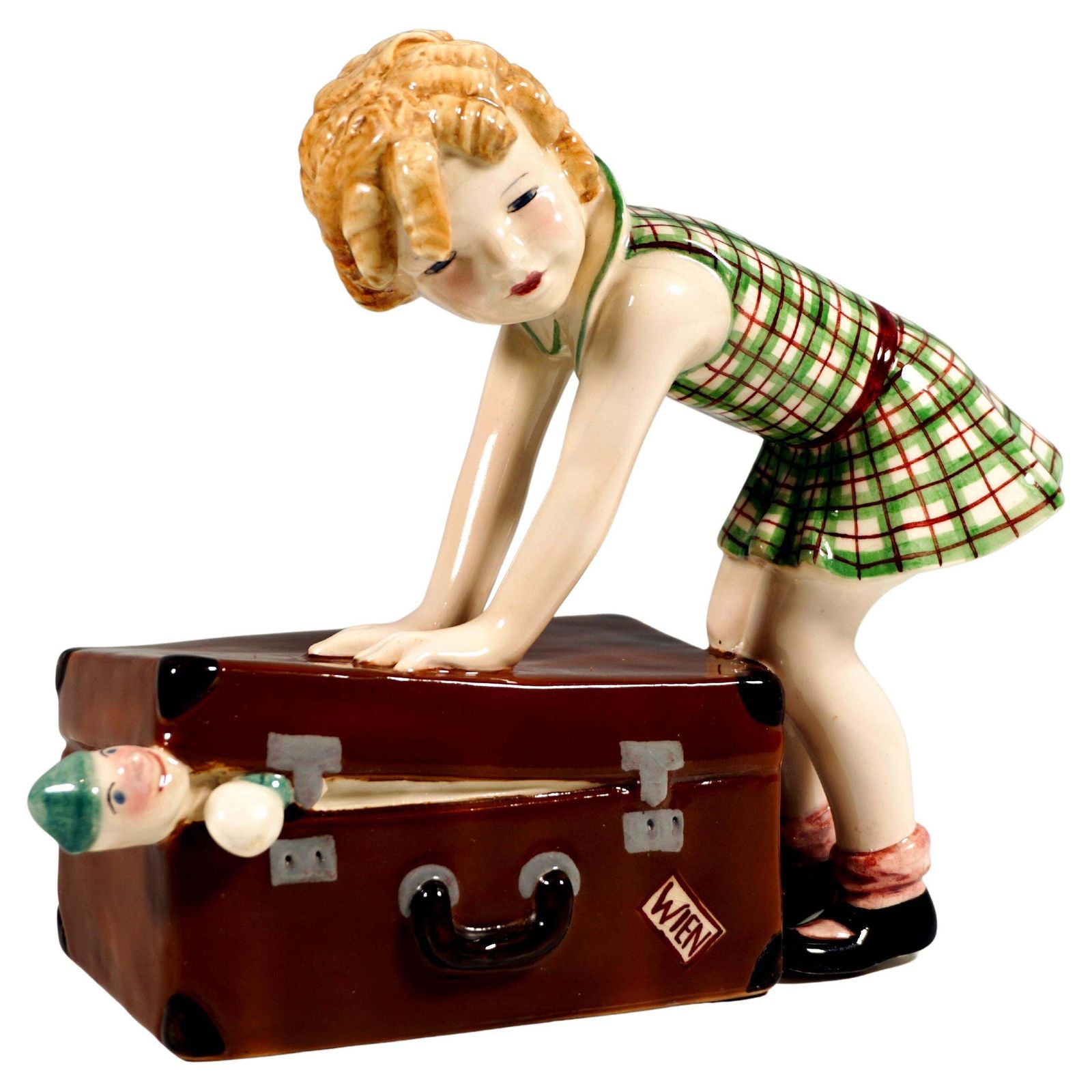 Goldscheider Vienna Child Figurine, Little Girl With Suitcase, By Dakon, C. 1937