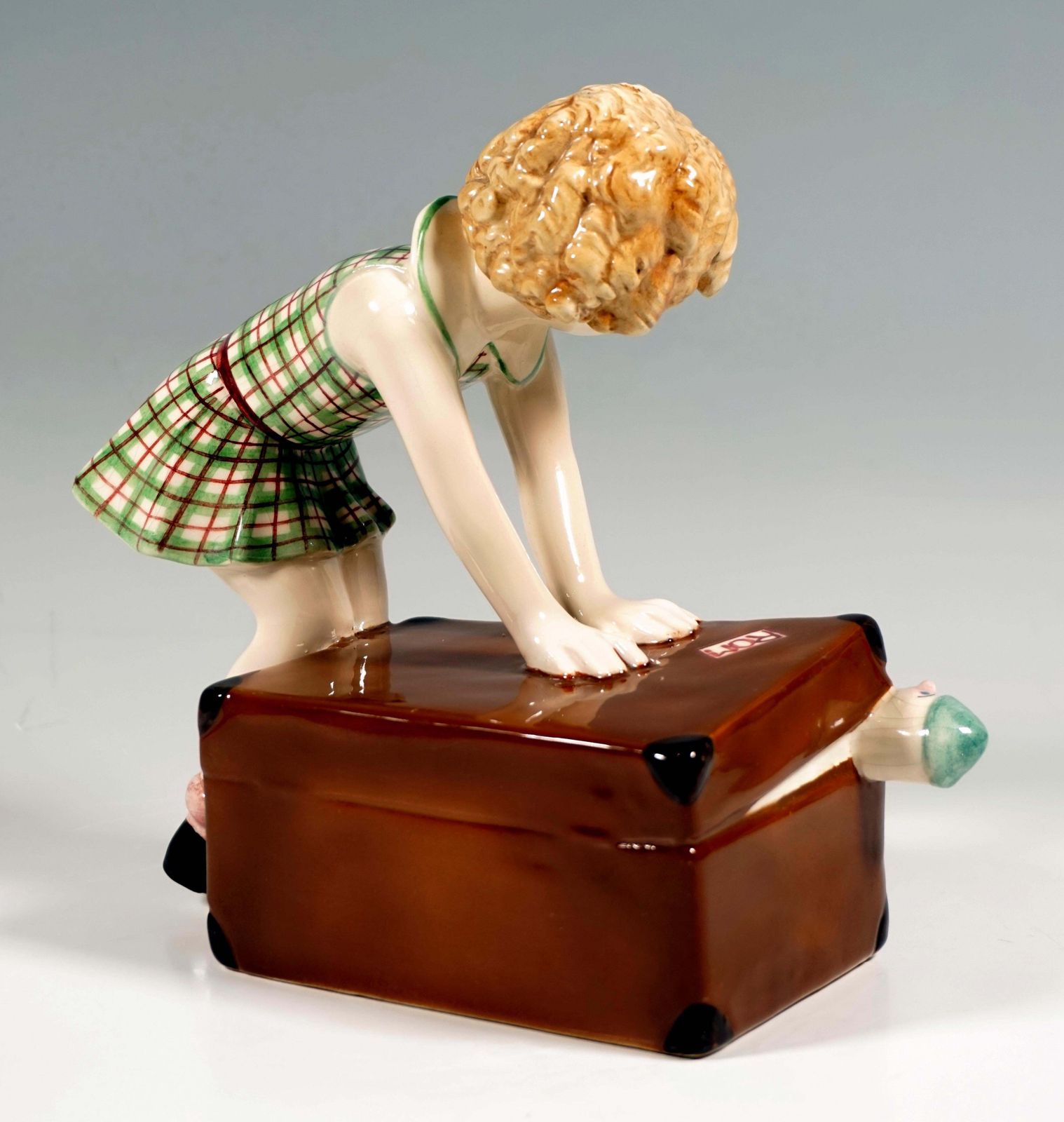 Goldscheider Vienna Child Figurine, Little Girl With Suitcase, By Dakon, C. 1937 photo for sale