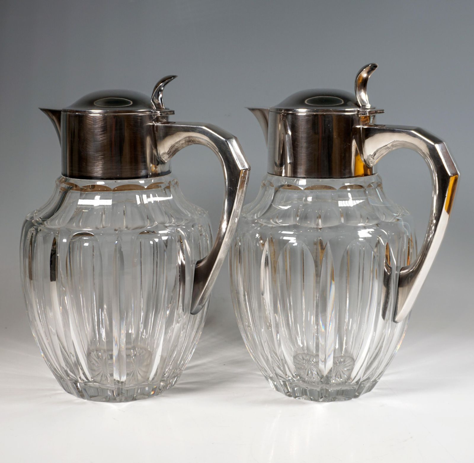 Pair Of Large Glass Carafes With Silver Mounts, Gebrüder Deyhle, Germany C. 1910 photo for sale