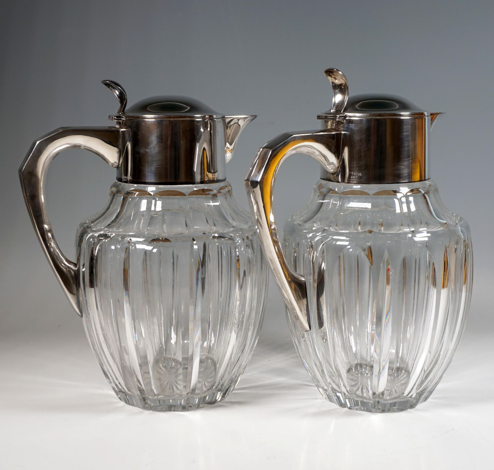 Pair Of Large Glass Carafes With Silver Mounts, Gebrüder Deyhle, Germany C. 1910 photo Home Decor