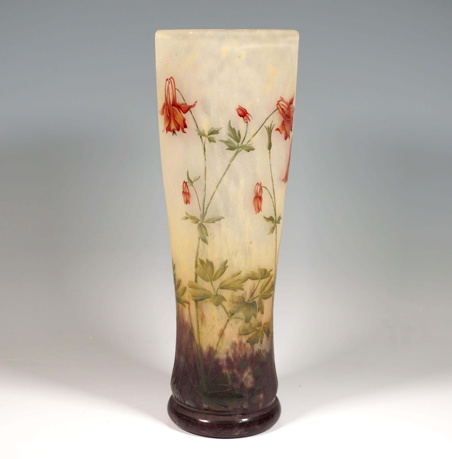 Large Art Nouveau Cameo Vase With Columbine Decor, Daum Nancy, France, Ca 1910 photo for sale