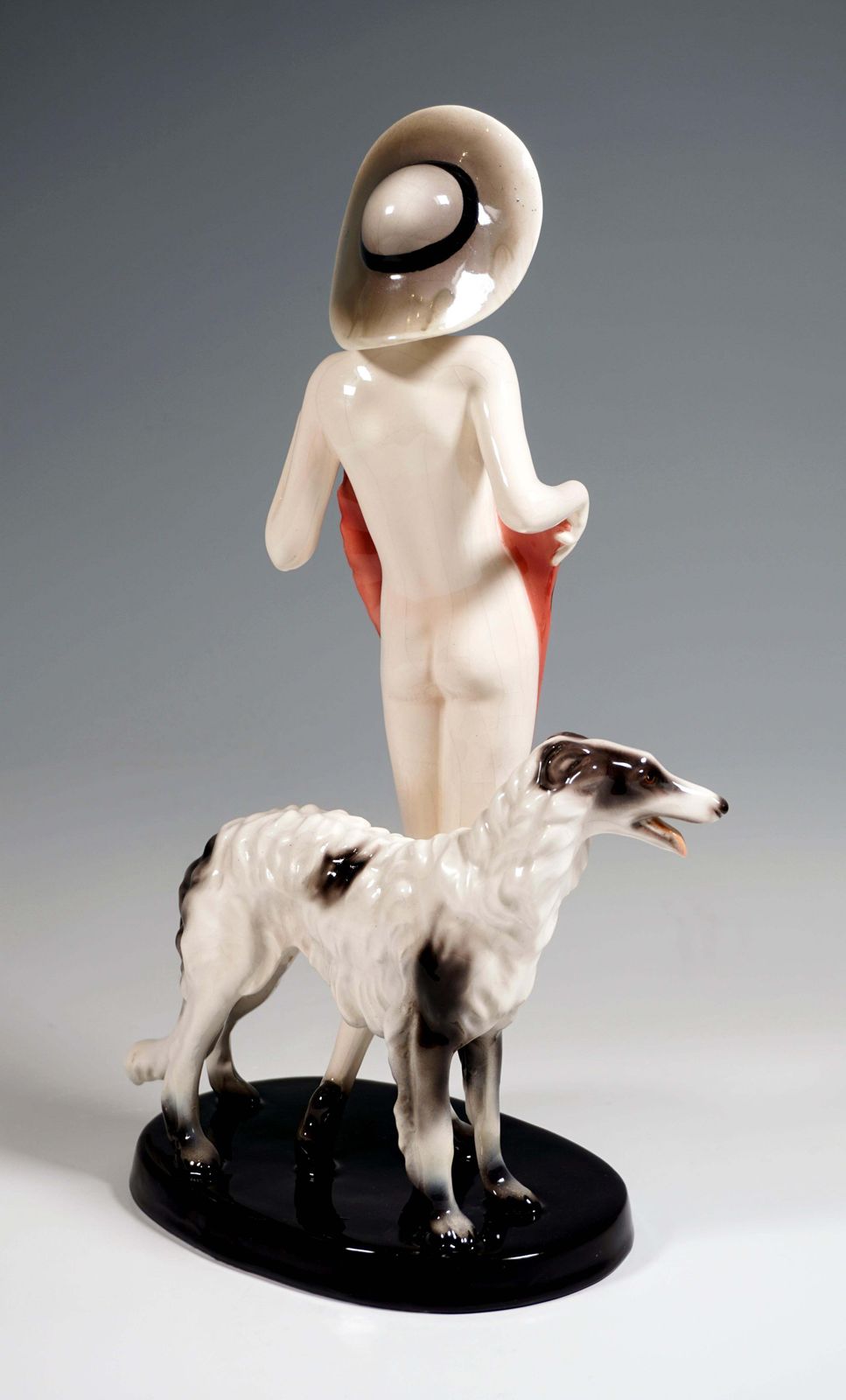 Goldscheider Vienna, Standing Nude With Large Fan, Hat & Barzoi, By Lorenzl 1937 photo for sale