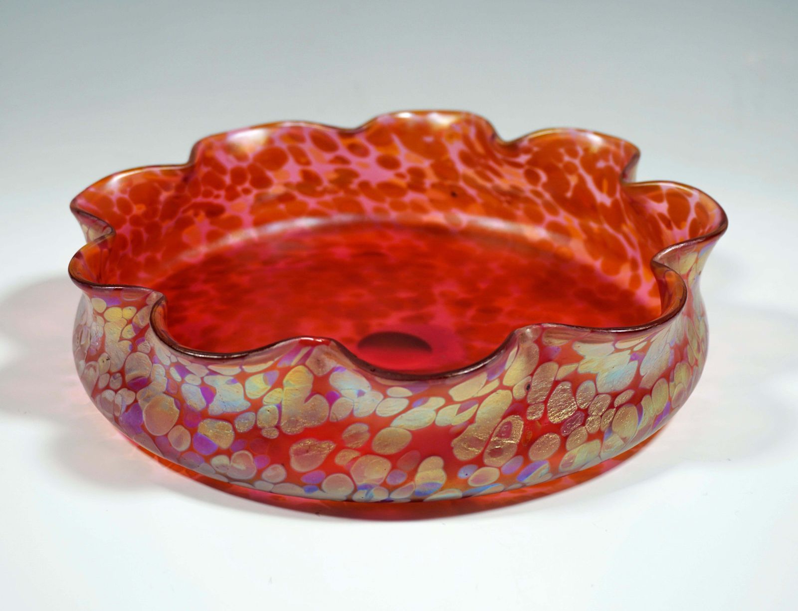 Loetz Art Nouveau Flower Bowl Metallic Red Papillon, Austria Hungary, Ca 1900 photo for sale