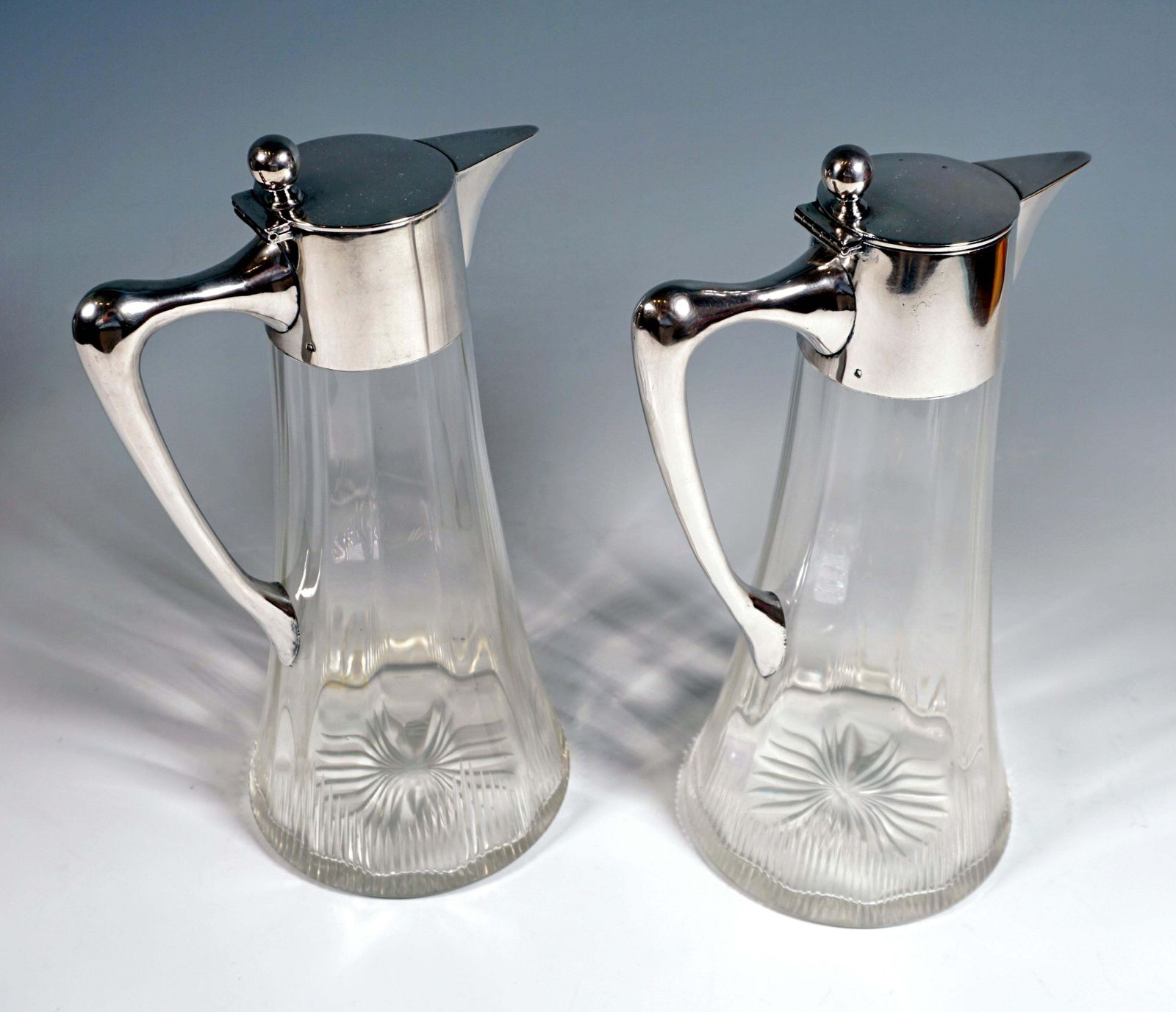 Pair Of Art Nouveau Glass Carafes With Silver Fittings, By Ferdinand Vogl Vienna photo for sale