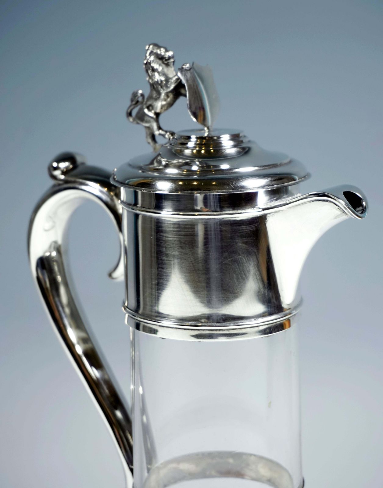 Glass Carafe With Lion & Coat Of Arms Silver Fitting, London, Early 20th Century photo for sale