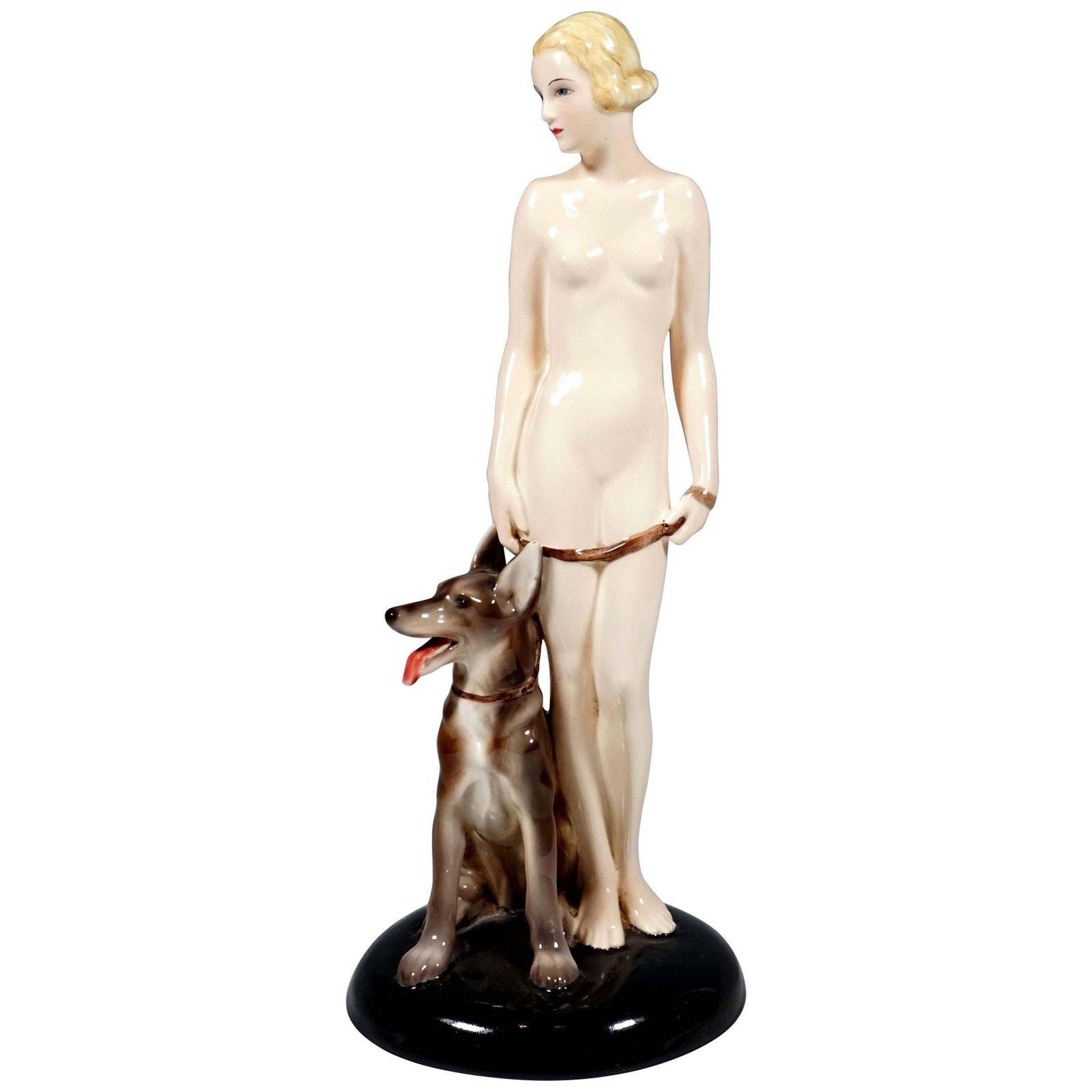 Goldscheider Art Deco Group Nude With Shepherd Dog, Lorenzl And Postl, Ca 1935