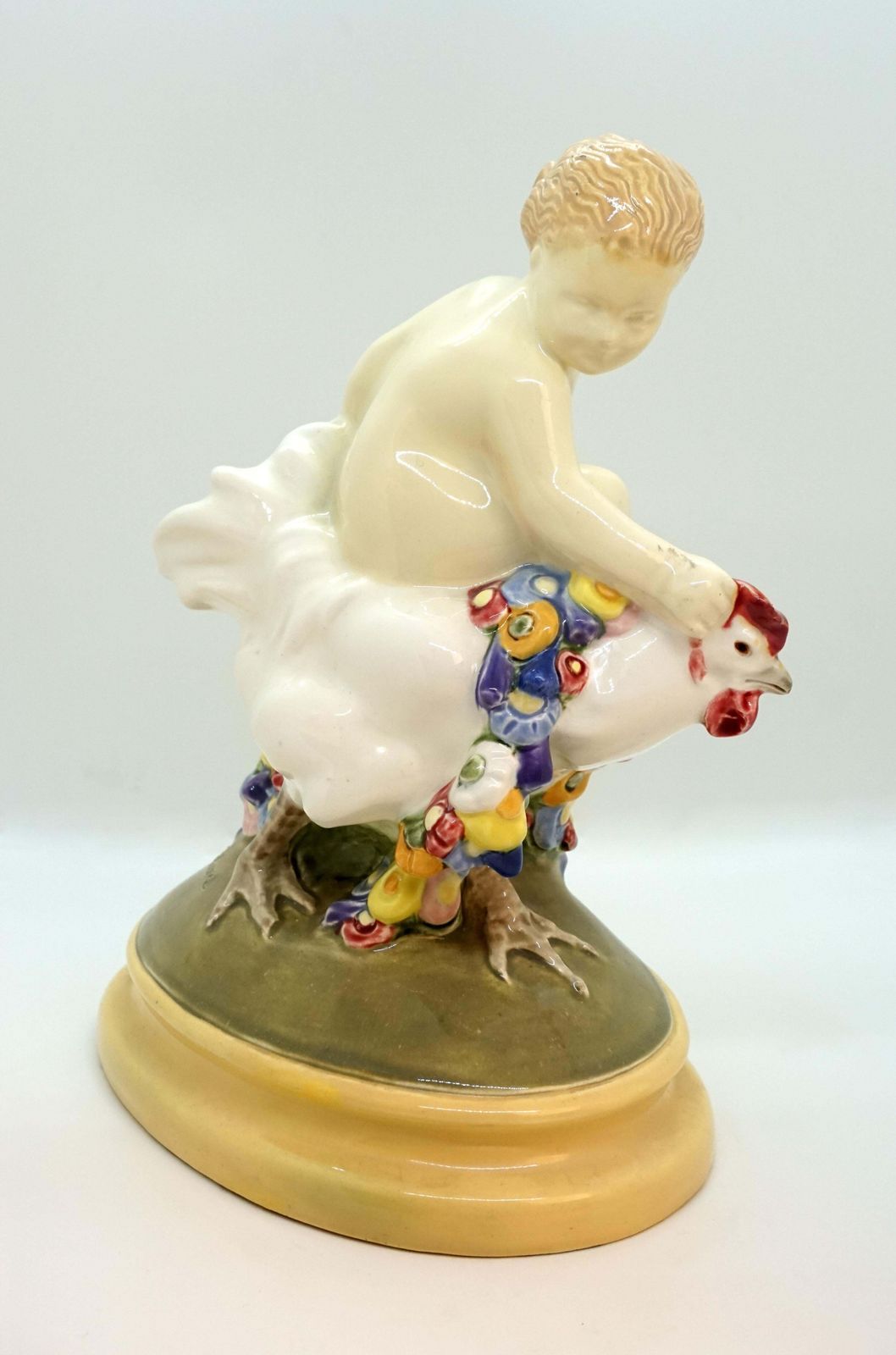 Vienna Art Ceramics Art Nouveau Figure Putto Riding On A Cock By Doblinger, 1910 photo for sale
