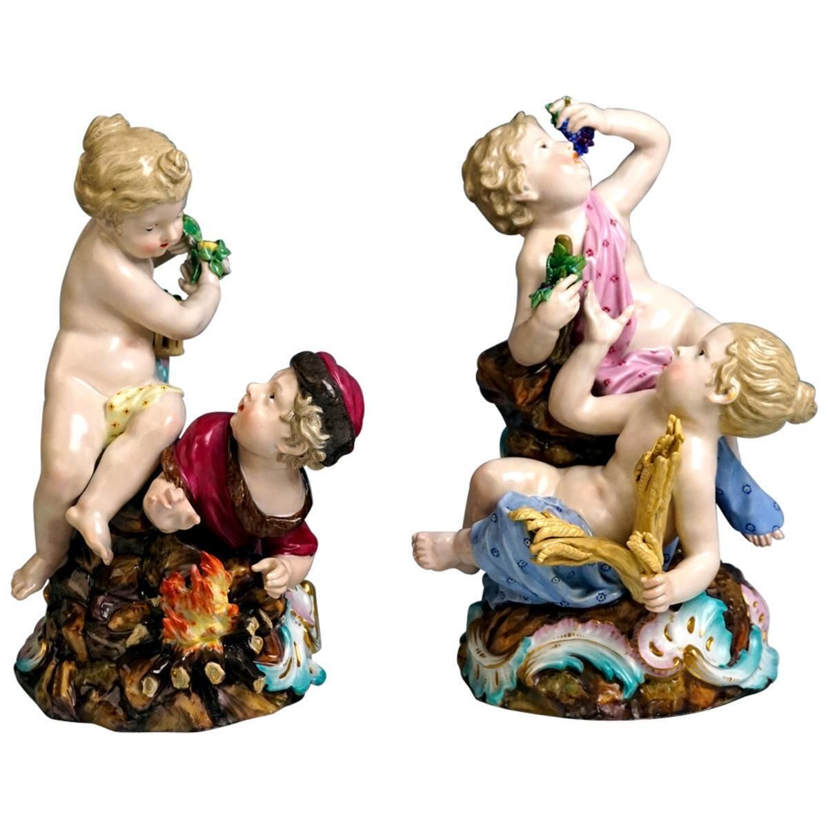 Meissen Two Figurine Groups Four Seasons Allegories By Kaendler, Circa 1850