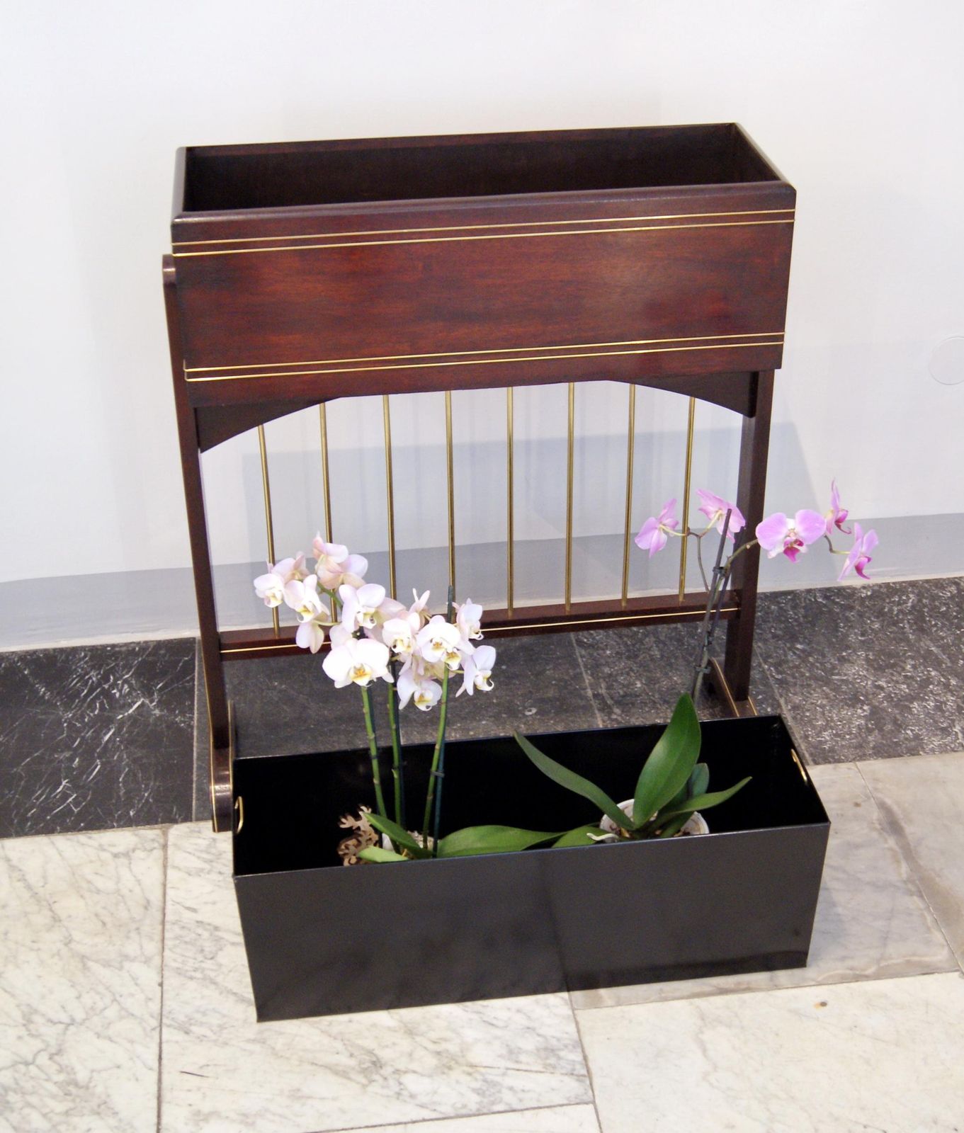 Art Nouveau Flower Container Mahogany Stained Brass Inlays Vienna, Circa 1915 photo vinterior
