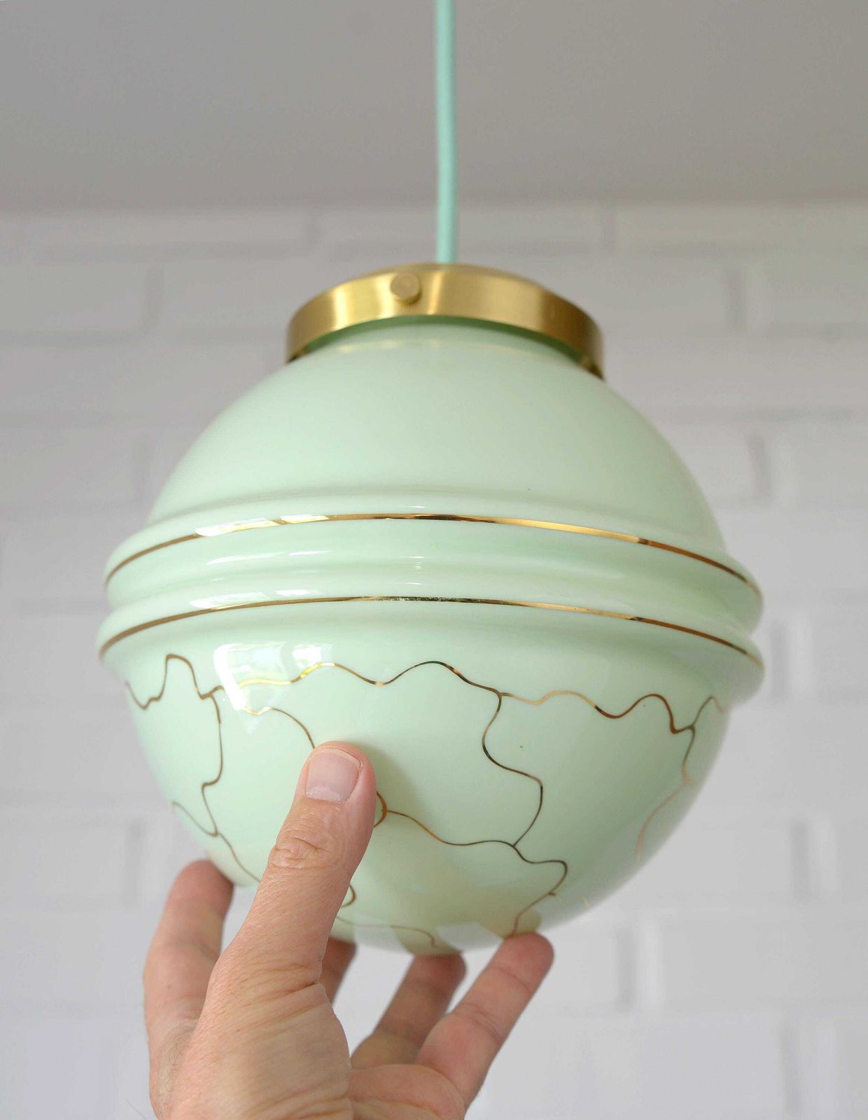 Redesign Pendant Lamp / Ceiling Light / Art Deco / Mint Green Hand Blown Glass / Light Fixture / Hanging Lamp / Antique Lamp / Old Lighting photo buy
