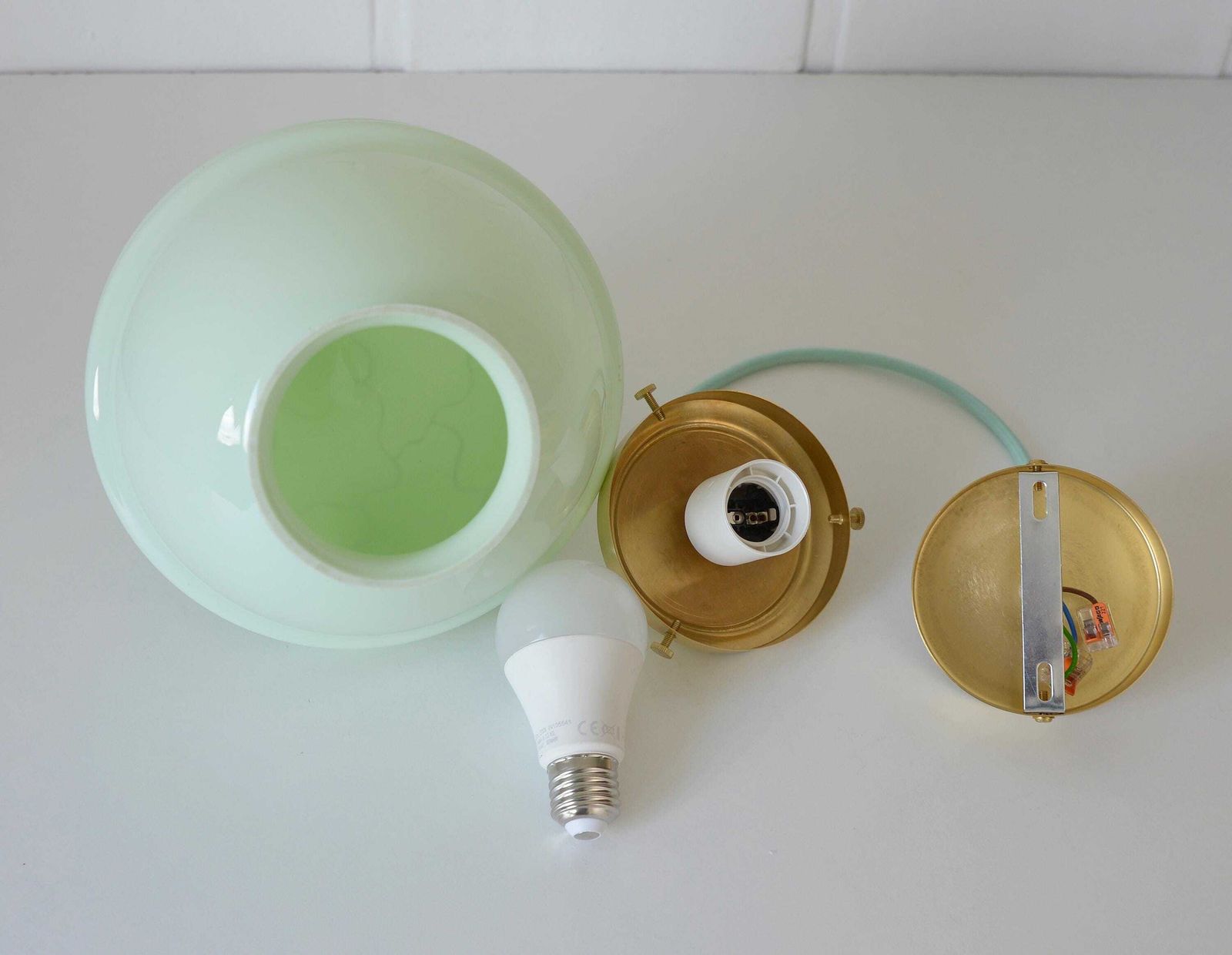 photo for sale Redesign Pendant Lamp / Ceiling Light / Art Deco / Mint Green Hand Blown Glass / Light Fixture / Hanging Lamp / Antique Lamp / Old Lighting