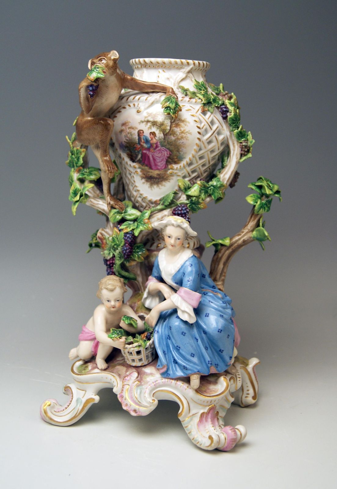 Meissen Potpourri Vase Wine Grapes Monkey Model 1002 By Eberlein Made Circa 1860 photo for sale