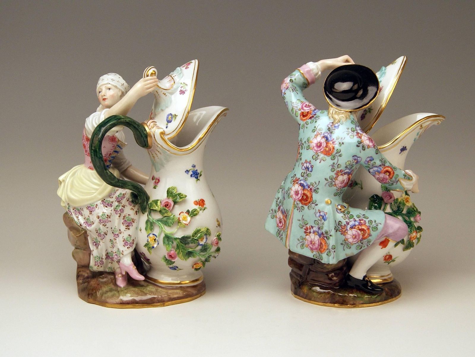 Meissen Pair Of Figurines With Jug Pitcher By Eberlein Models 1234 907 Made 1850 photo vinterior