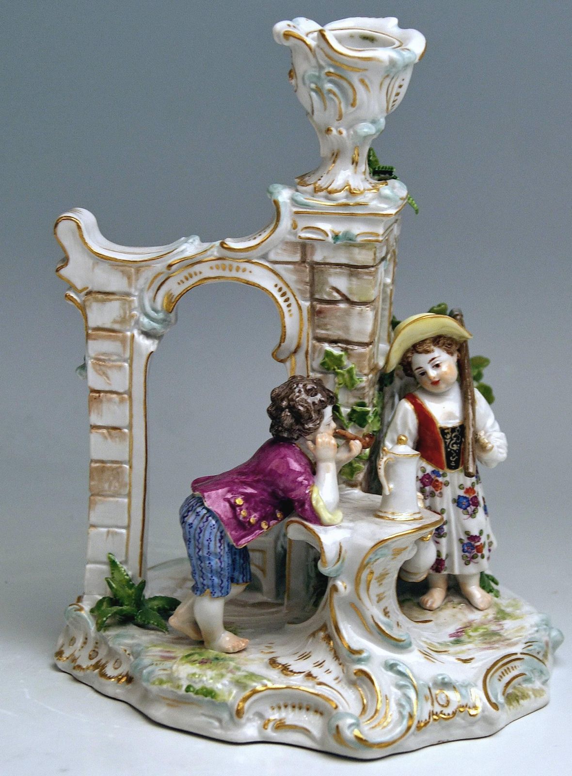 Meissen Candlestick With Figurines Gardener Children Model R 185, Circa 1870 photo for sale
