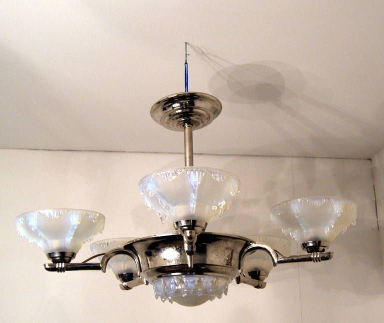 Elegant Art Deco French Chandelier White Frosted Glass France Made C. 1930 photo for sale