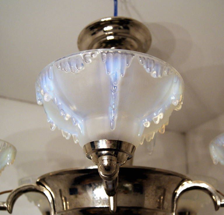 Elegant Art Deco French Chandelier White Frosted Glass France Made C. 1930 photo vinterior
