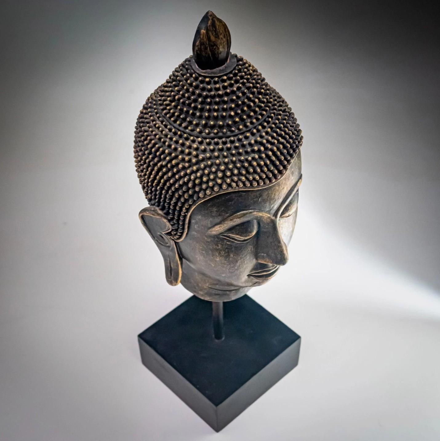Decorative Buddha Head Stand Antique Resin Buddha Head On Stand 1960 photo for sale