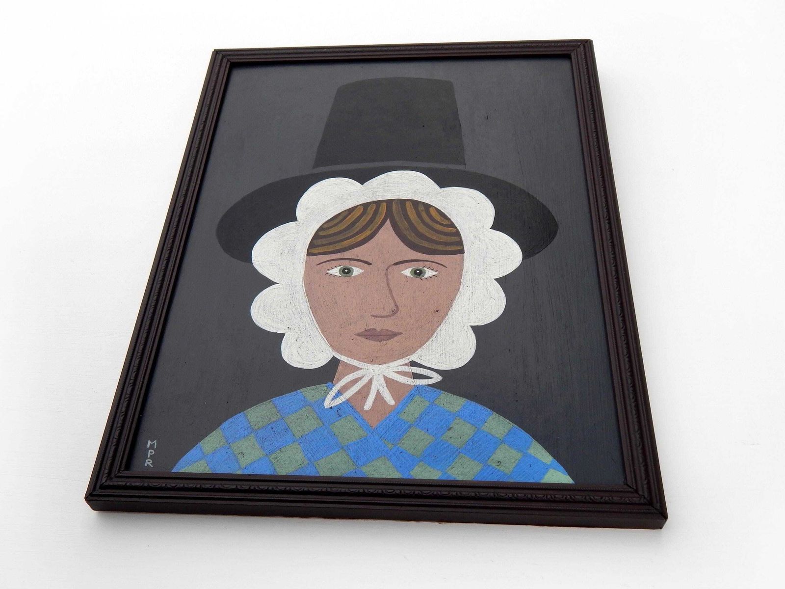 Original Naive Welsh Lady Painting : Folk Art Portrait In Antique Style Frame photo Art