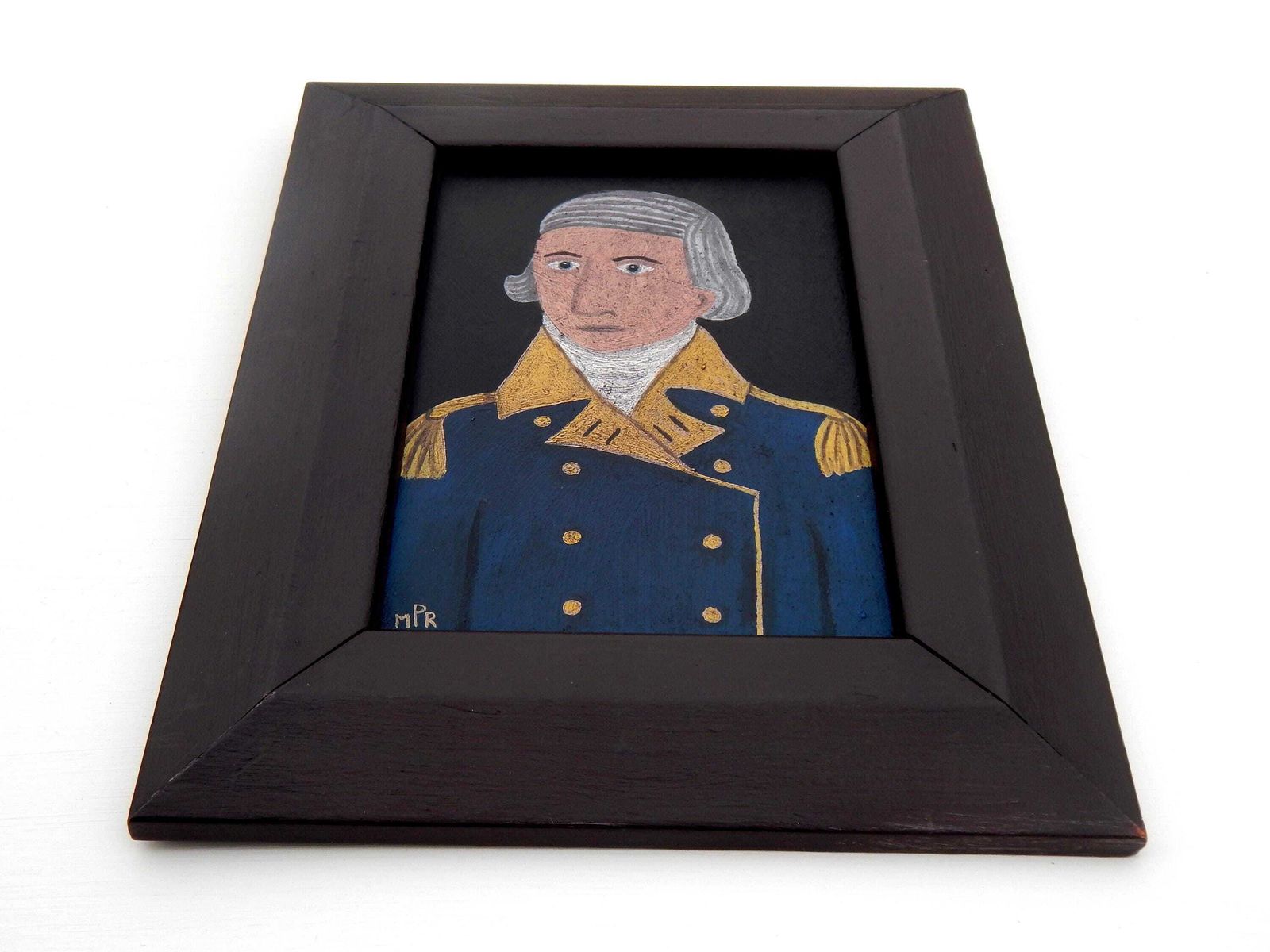 Victorian Admiral Portrait Painting: Original Folk Art In Vintage Wooden Frame photo Art