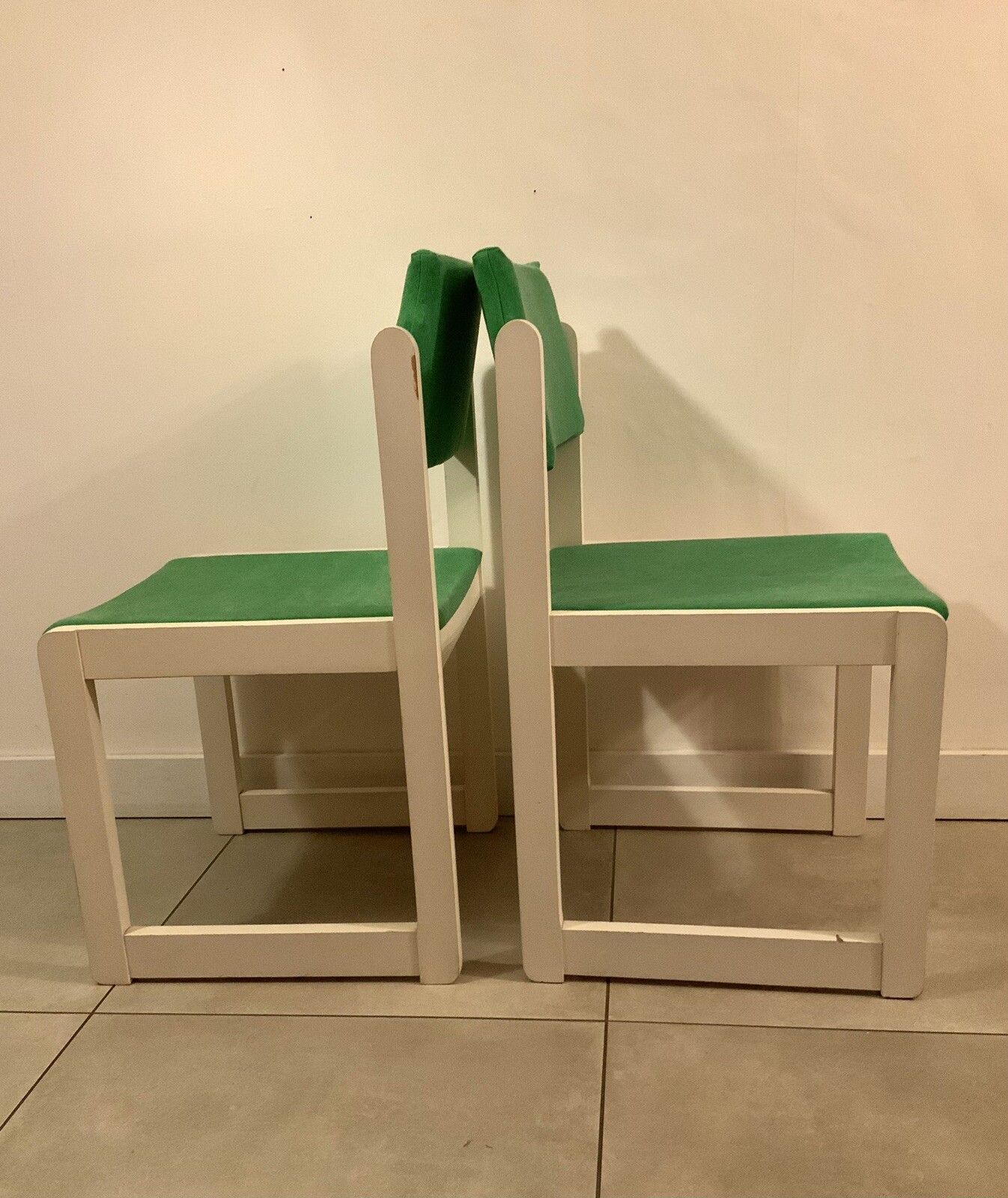 A Pair Of White Mid Century German Dining Chairs With Green Reupholstery photo for sale