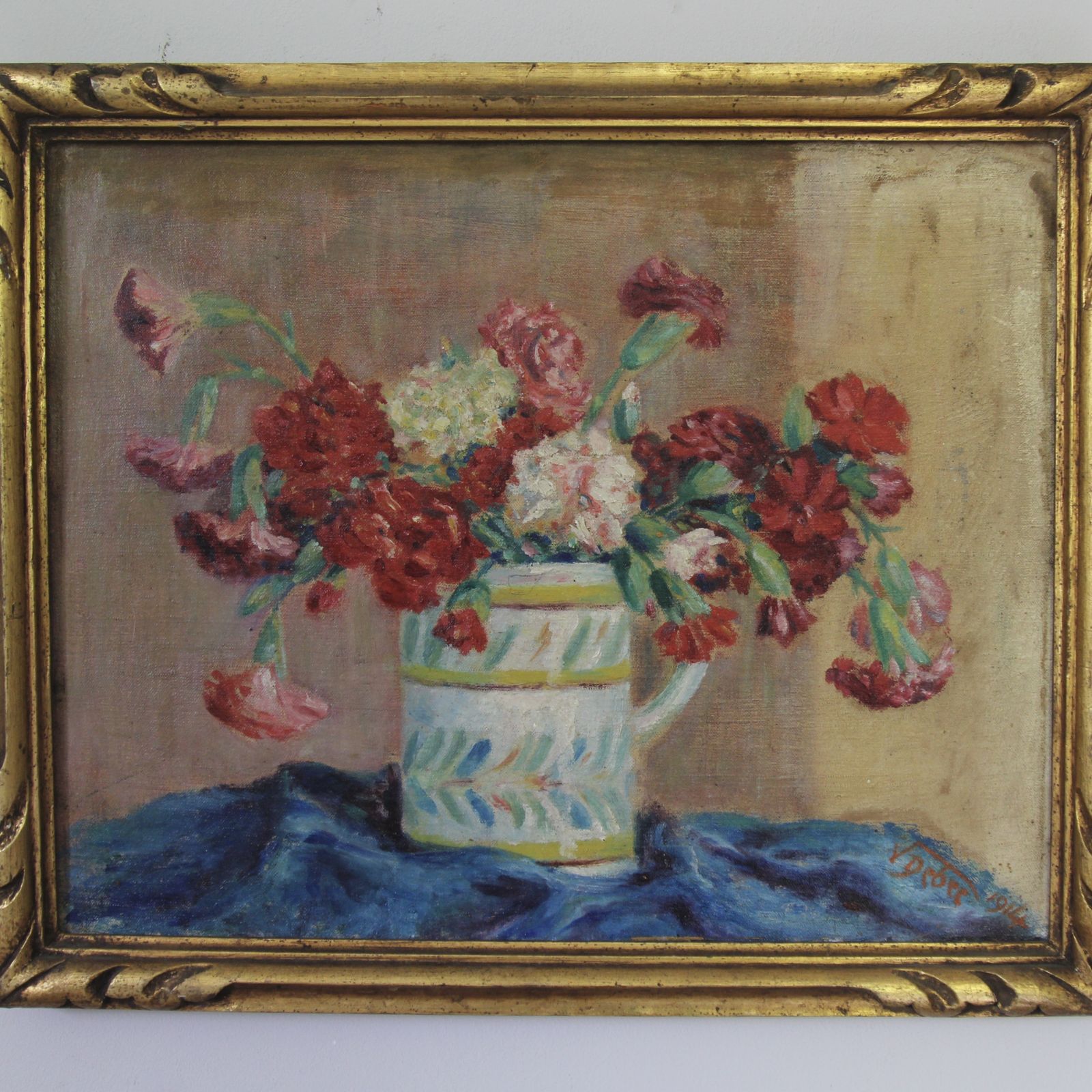 Antique French Floral Painting, Dated 1914 photo for sale