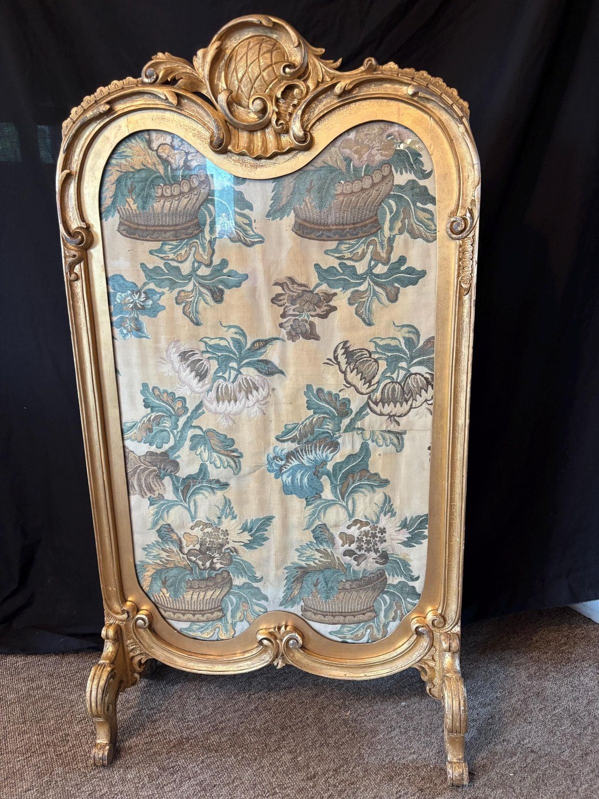 Antique French Georgian Period Tapestry Large Gilt Gesso Rocco Fire Screen Stand