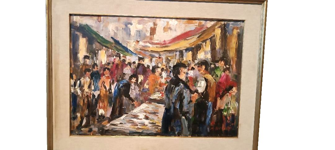 Oil Painting On Canvas "Fish Market" 70s Canvas 70x50 Cm Signed photo 246.0