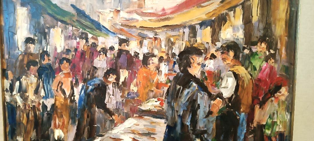 Oil Painting On Canvas "Fish Market" 70s Canvas 70x50 Cm Signed photo buy